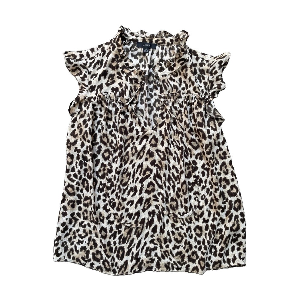 J.Crew Women's XS Leopard Print Flutter Sleeve Blouse V Neck Brown Tan Top
